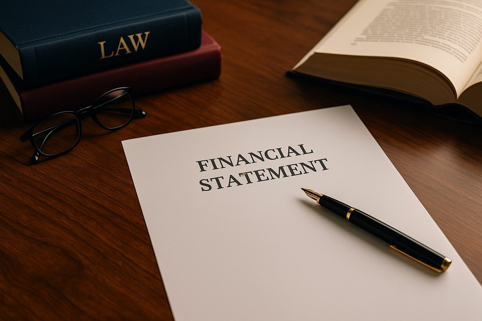 Financial disclosure documents and legal paperwork on a desk for a BC family law case.
